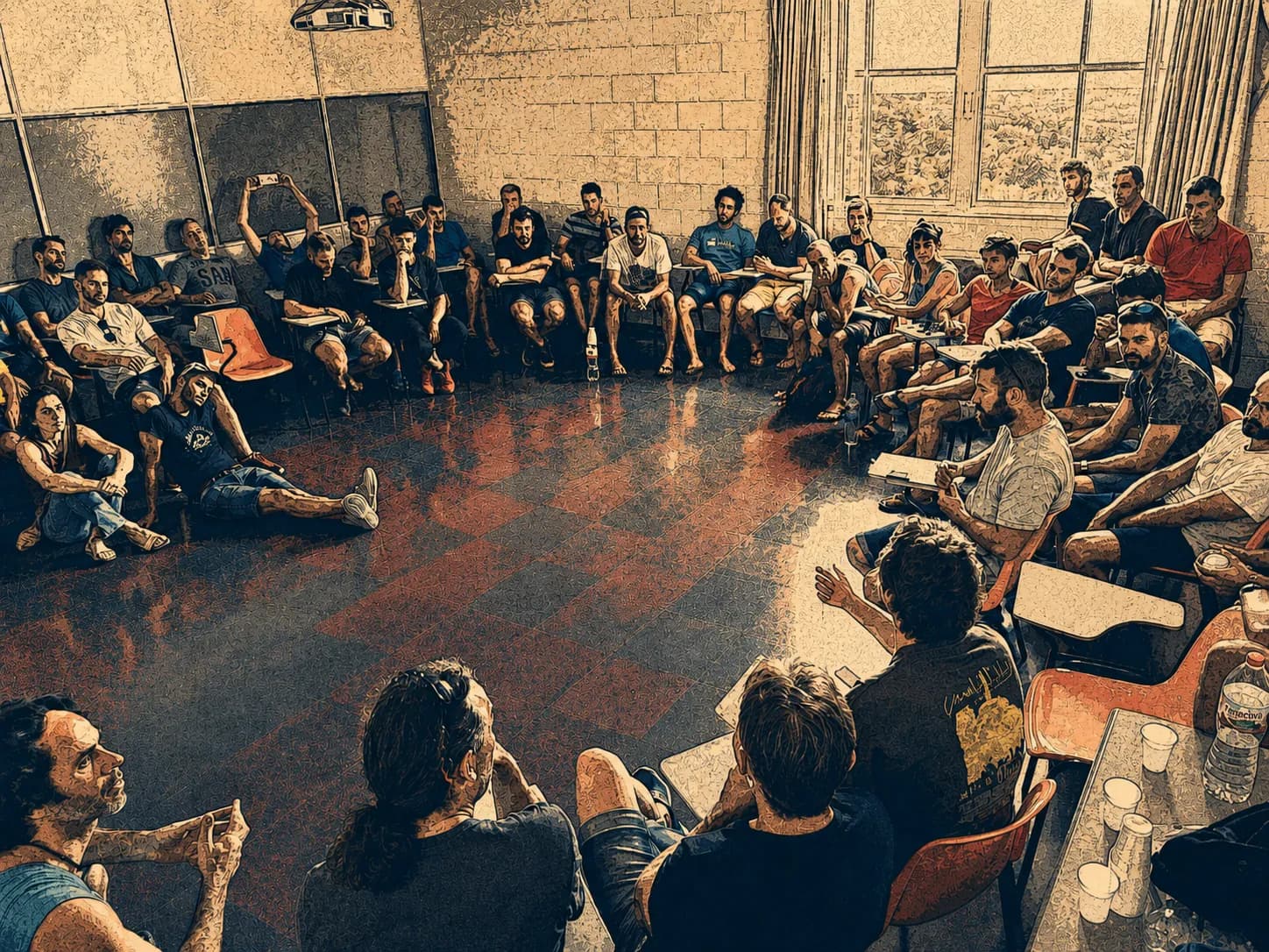 Membres del col·lectiu reunits en una assemblea de bombers